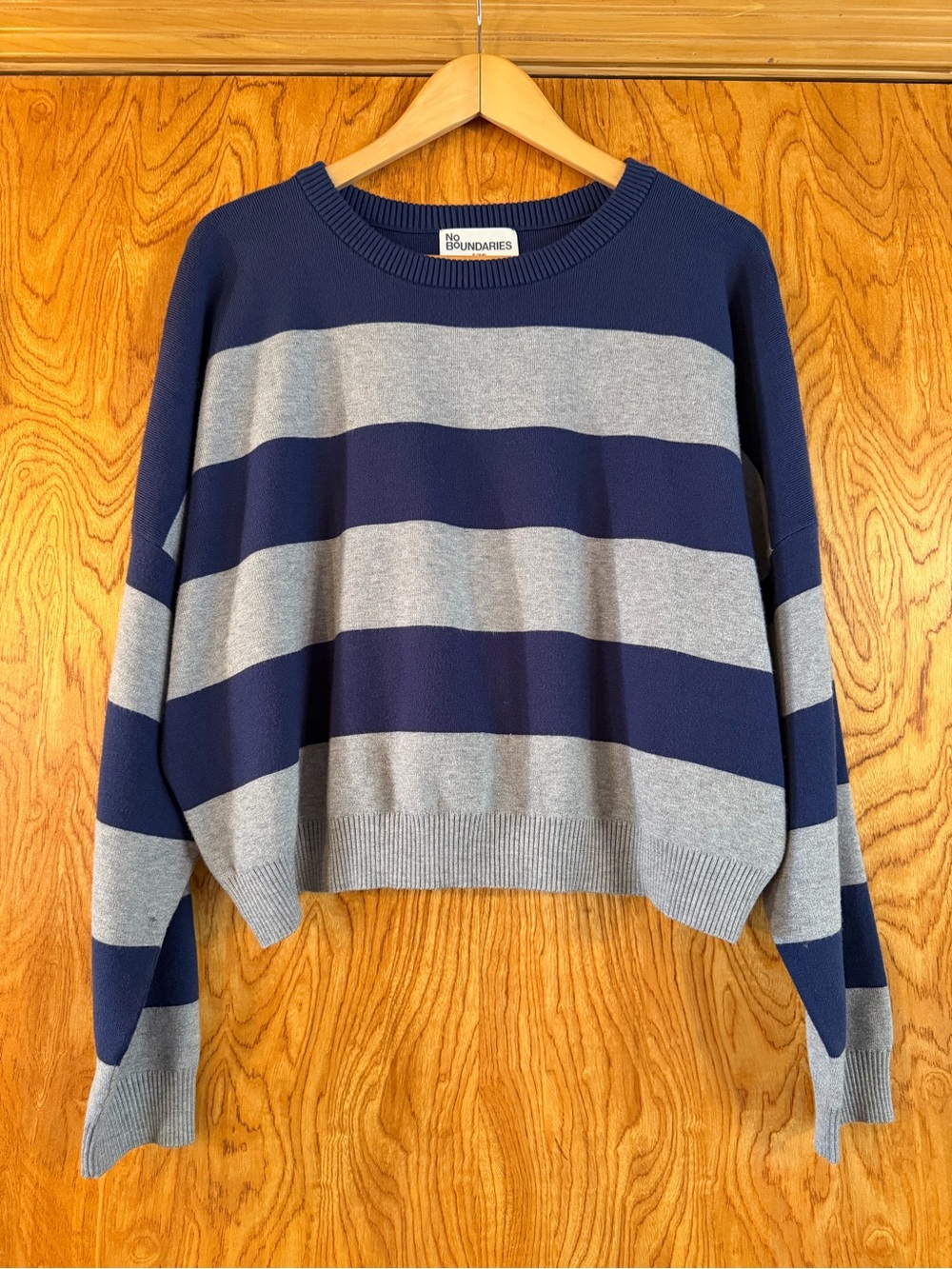 No Boundaries Navy & Gray Wide-Stripe Crewneck Sweater